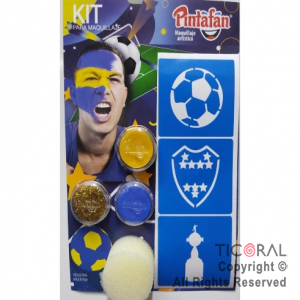 KIT PARA MAQUILLAJE MIX BOCA FUTBOL 2 COLORES+STRASS+PINCEL+STENCIL AUTOADHESIVO 650-07 x 1